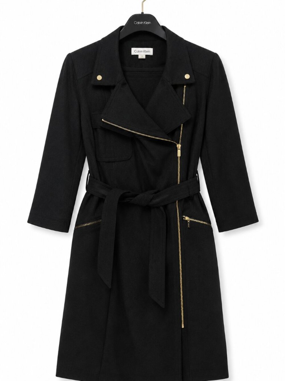 Calvin Klein Women 14 Black Moto Trench Coat Dress Gold Zip Belted NWT